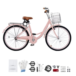 KFFKFF Cruiser Vélo, 1-Speed, 26-Inch Pink Beach Cruiser Bike avec panier de grande capacité et rack arrière, sécurisé & Vélo de croisière robuste avec siège réglable, convient pour le vélo