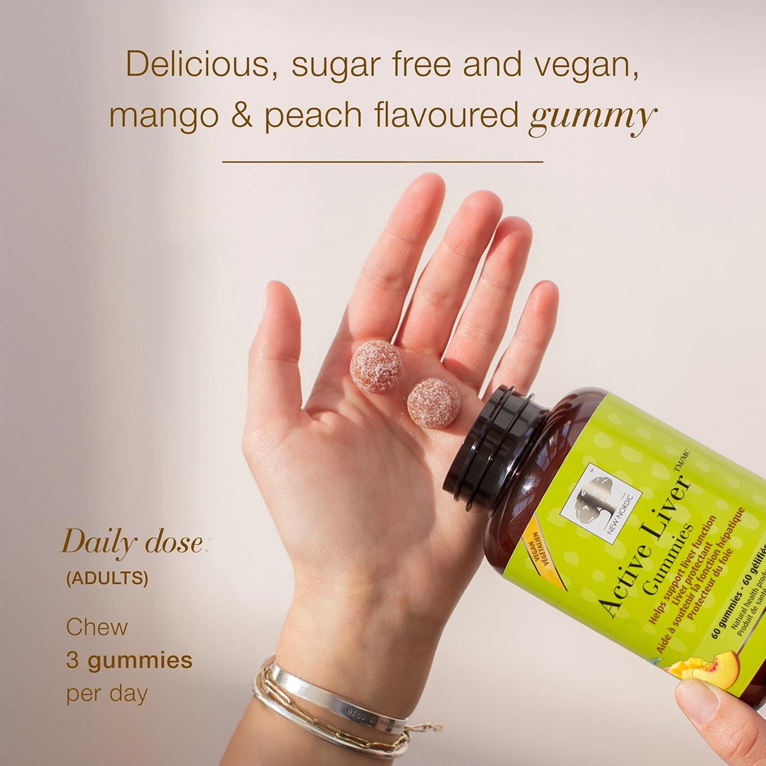 New Nordic Active Liver Gummies, Daily Detox Sugar Free & Vegan Gummies, Peach/Mango Flavour, 60 count