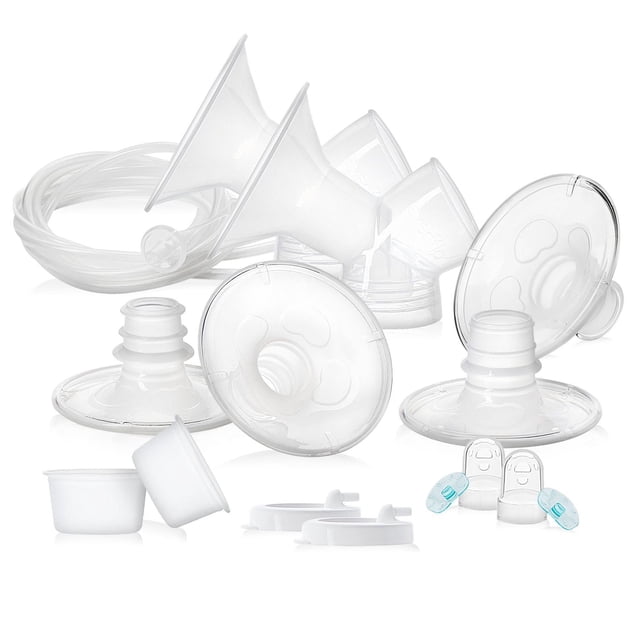Evenflo Feeding Advanced Double Electric Replacement Parts Kit featuring clear plastic flanges, tubing, diaphragms, caps, membranes, and valves designed for breastfeeding pump maintenance to ensure optimal suction and performance with hospital strength double electric breast pumps.