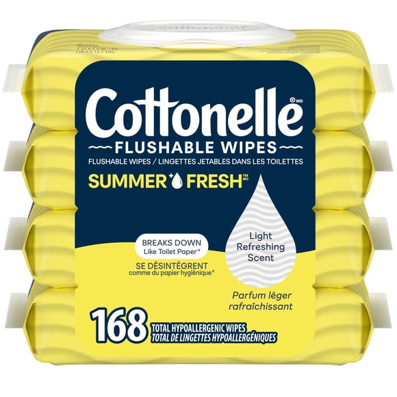 Cottonelle Lingettes Jetables dans les Toilettes Parfumées Fraîcheur d'Été, Lingettes Humides pour Adultes, 4 Paquets à Couvercle Rabattable, 42 Lingettes
