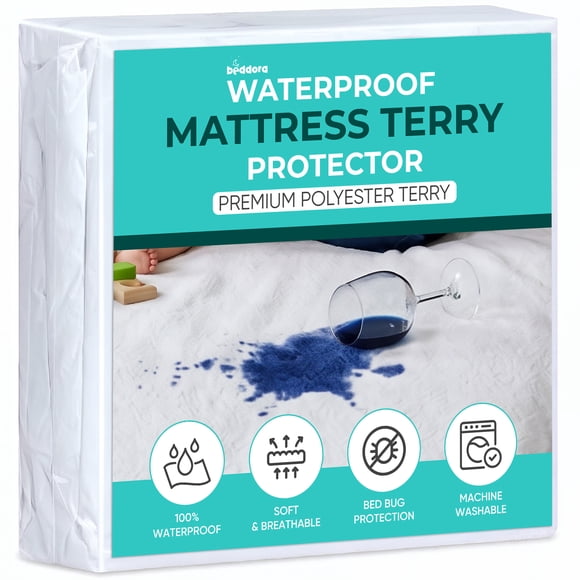 Beddora Queen Mattress Protector Waterproof, 200 GSM Terry Mattress Cover, Breathable Fitted Bed Protector with 17 Inch Deep Pocket, White