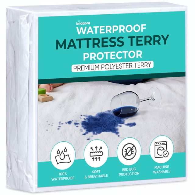 Beddora Queen Mattress Protector Waterproof, 200 GSM Terry Mattress Cover, Breathable Fitted Bed Protector with 17 Inch Deep Pocket, White