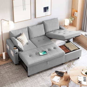 YODOLLA Sofa Bed, 3 in 1 Sleeper Sofa with Storage Chair, L Shape Couch, Sectional Pull Out Sofa Bed Mid Century Modern Couch for Living Room Clearance, Comfy Sleeper Couch in Gray