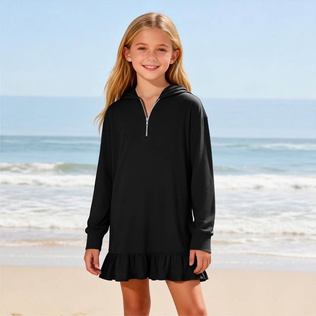 NTACZA Robe à Manches Longues pour Filles, Mignonne Robe Chandail à Capuchon, Robe Trapèze à Quart de Glissière, Ourlet à Volants, Mini-Robe, 11 Ans