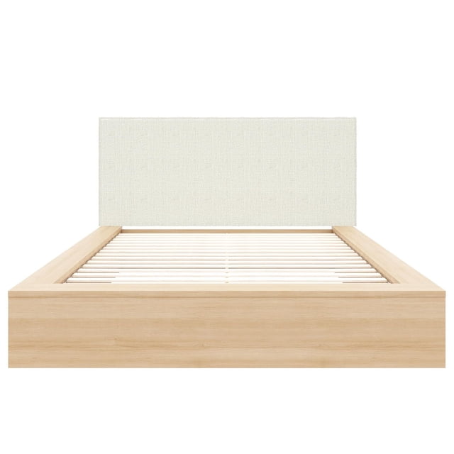 Bardot Queen Size Platform Bed with Upholstered Headboard featuring an off-white boucle fabric headboard and oak finish wooden frame with slatted base, shown front-facing, combining modern style and durable bedroom furniture design suitable for a cozy, elegant bedroom centerpiece.