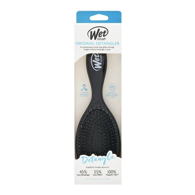 Wet Brush Original Detangler black hair brush with IntelliFlex bristles designed to gently detangle hair with less breakage and effort, suitable for all hair types and hair care routines, shown in retail packaging with blue and white branding.