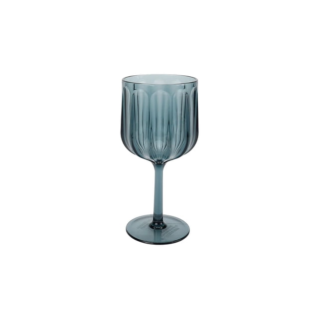 Better homes & Gardens Tritan Plastic Wine Glass Blue Set, 17oz 4pc showing a single blue 17.7-ounce stemmed wine glass made of shatterproof Tritan plastic with vertical ribbed texture and round base, dishwasher safe and suitable for indoor and outdoor use.