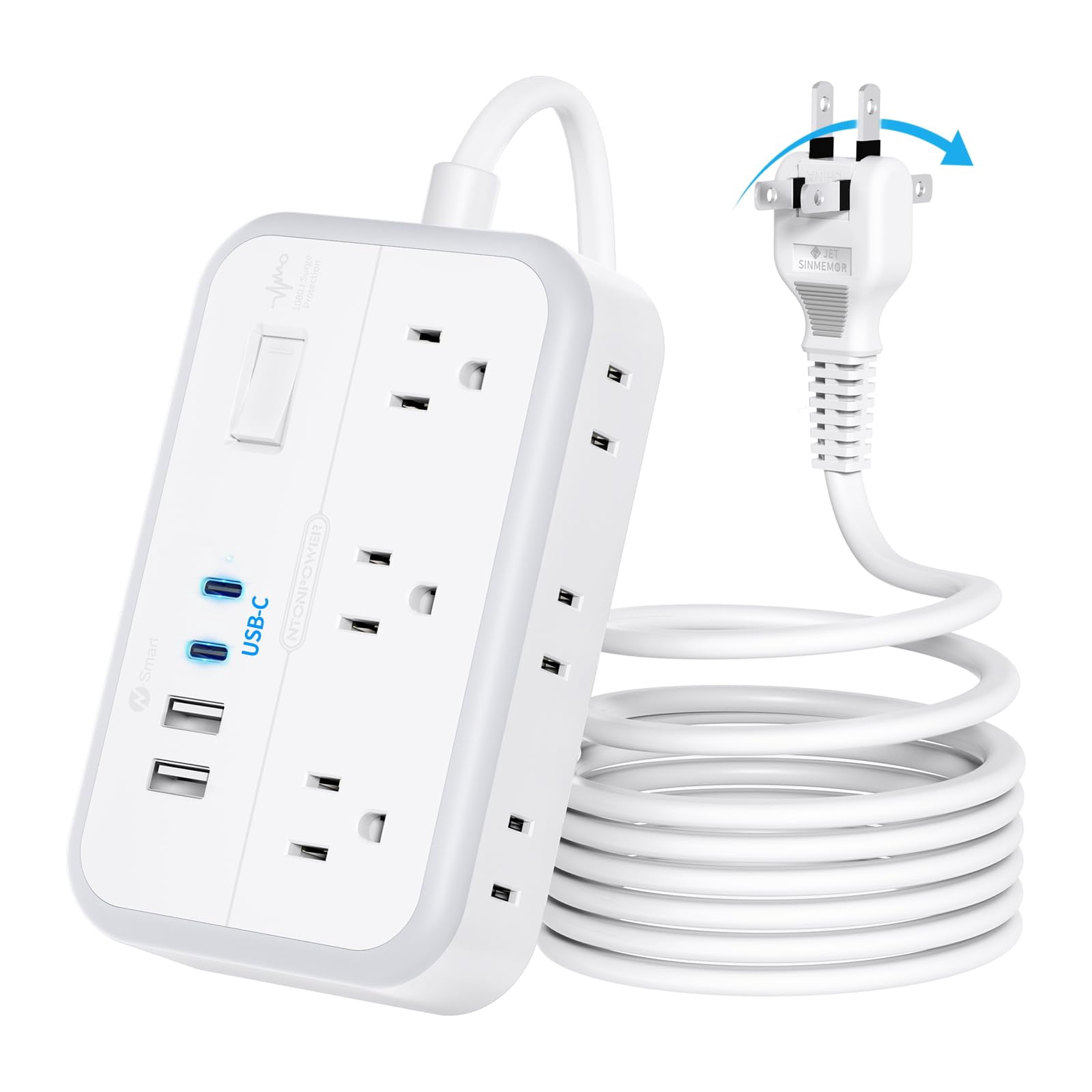 NTONPOWER 10FT Extension Cord 2 Prong 1080 Joules Surge Protector 2 Prong to 3 Prong Outlet Adapter 1875W 2 Prong Power Strip with 4 USB Ports(2 USB C) Wall Mount Flat Plug Extension Cord Old House