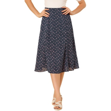 Unique Bargains Women's Peasant Elastic Waist A-Line Midi Leave Print Skirt Navy Pink XS