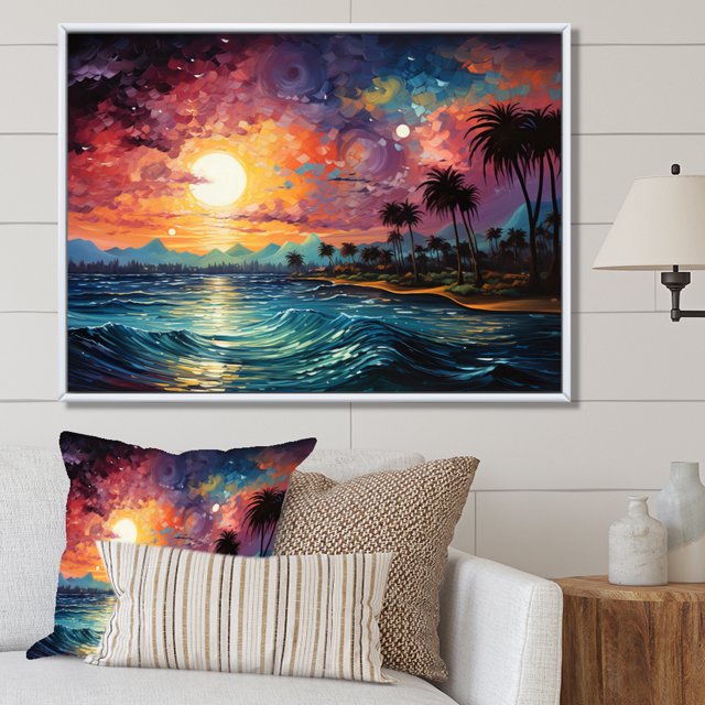 Designart Large Palms & Palm Trees framed wall Art, Colorful Bold Palm Trees horizon I , Palms & Palm Trees framed wall art decor, Multi-Color Traditional White Framed Wall Art