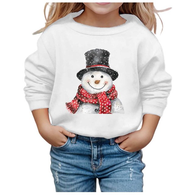 PMVFHDE Liquidation Chandails Molletonnés à Col Rond Fille Graphique Chandails d'Automne et d'Hiver de Noël pour Filles Imprimé Col Rond Manches Longues Décontracté Chandail Sans Capuche Vêtements pour Filles, Blanc, 7-8 Ans