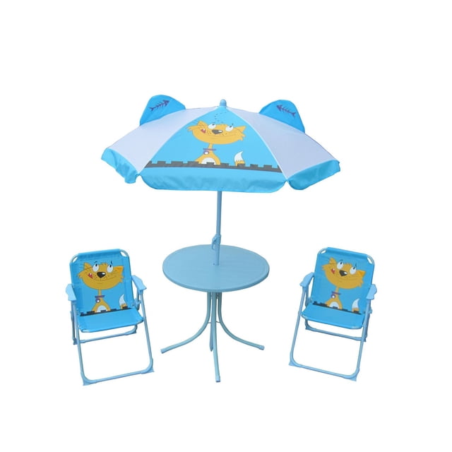 Dura Cat 3-Piece Umbrella Set includes a blue round table with a 41-inch diameter umbrella decorated with a cartoon orange cat and cat ear shapes, paired with two blue folding chairs featuring the same cat design, made of sturdy polyester fabric for kids' outdoor furniture and supervised play.