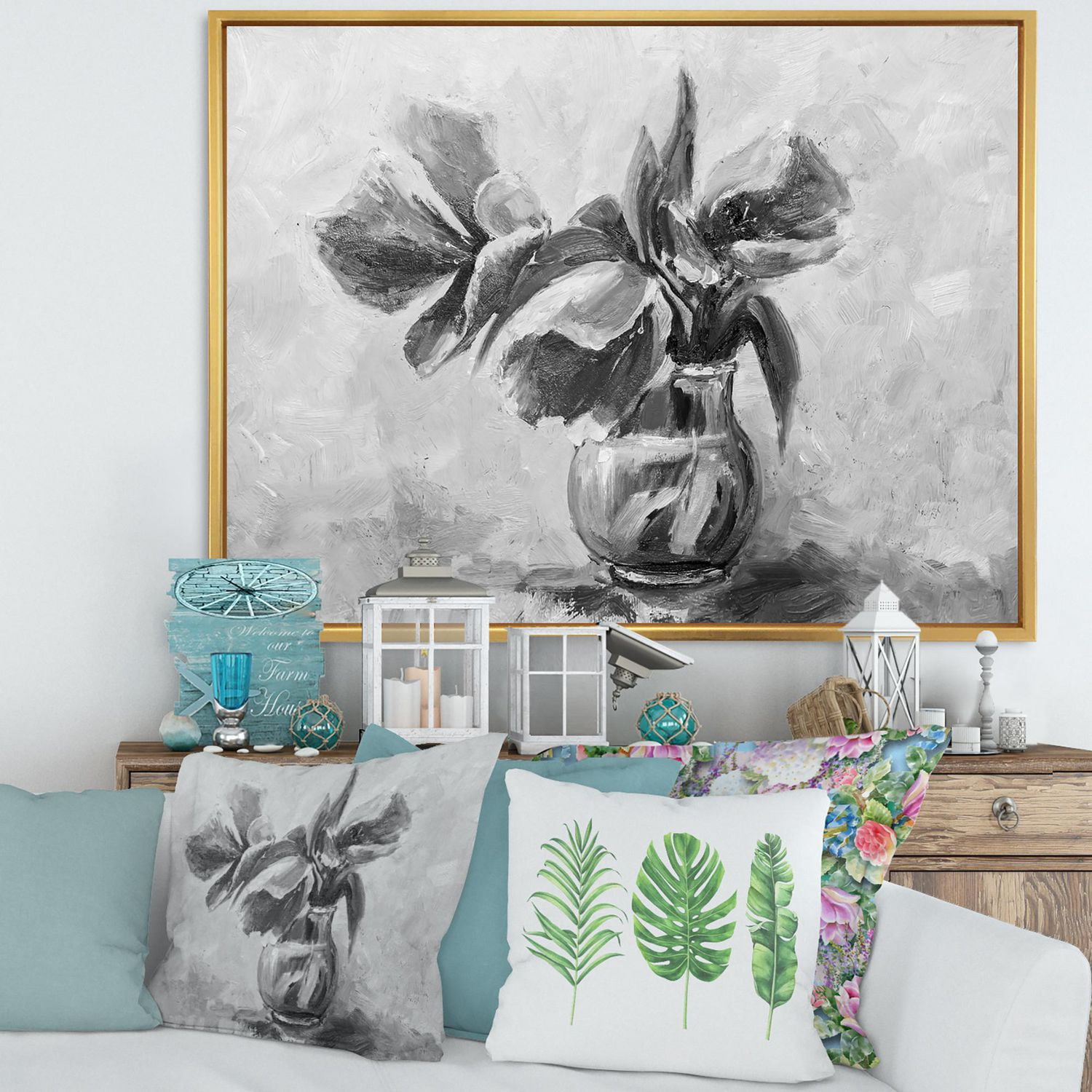 Designart Nature morte monochrome de fleurs dans un vase ART MURAL À CADRE FLOTTÉ