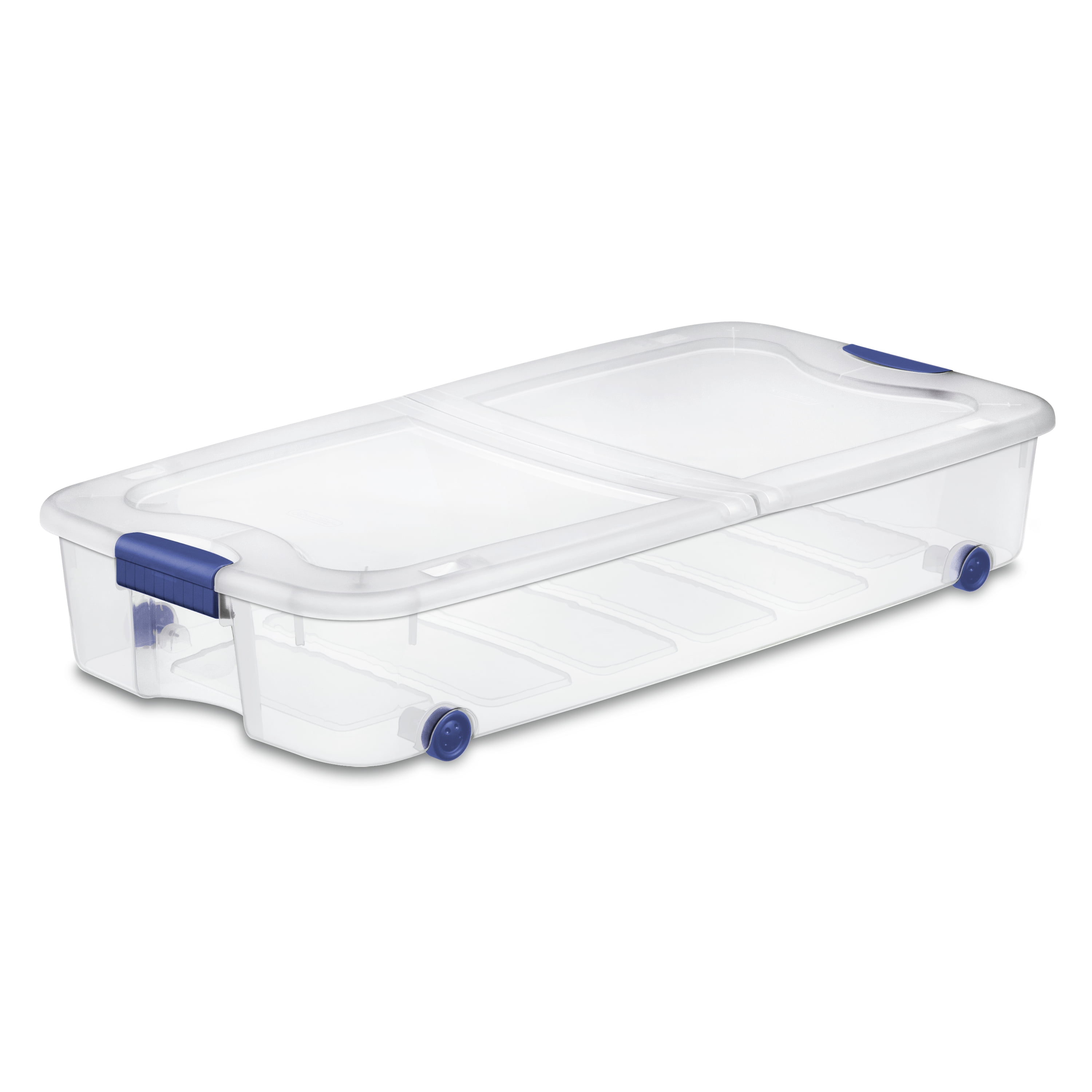 Sterilite Boîte à loquets de 62 L avec roues, boîte de rangement en plastique transparent avec couvercle et loquet bleu