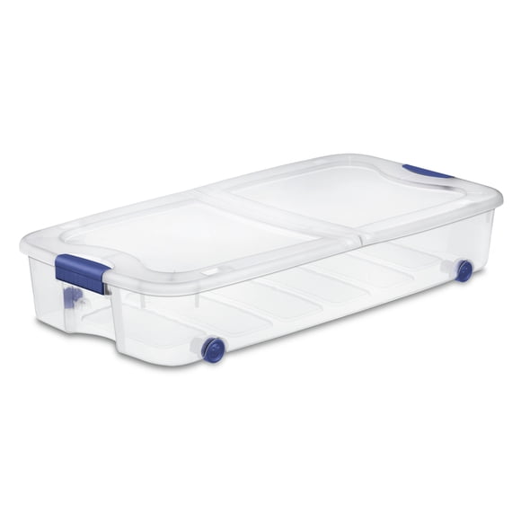 Sterilite 62 Liter Wheeled Latch Box, Small Clear Plastic Storage Bin with Lid, Blue Latch