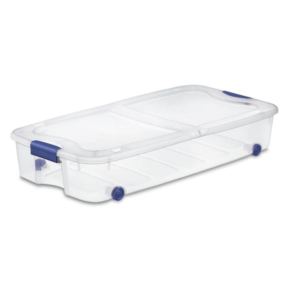 Sterilite 62 Liter Wheeled Latch Box, Small Clear Plastic Storage Bin with Lid, Blue Latch