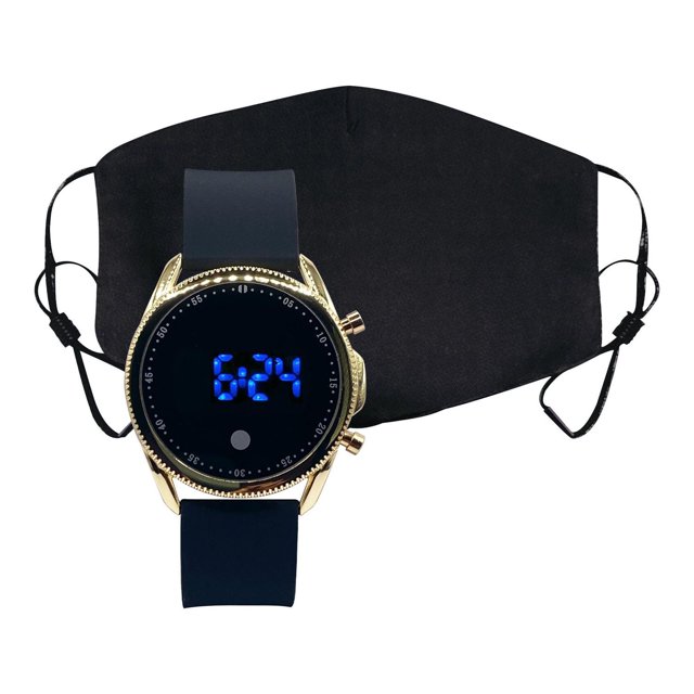 Montre de Température à DEL avec Masque Assorti, Dotée d'Un Boîtier Ton Or de 35 mm et d'Un Bracelet Ajustable en silicone Noir, Affichage Numérique de l'Heure à DEL Bleu, Assortie à un Masque Facial en Tissu Noir avec Boucles d'Oreille Ajustables, Idéale pour le Quotidien et pour Offrir en Cadeau.