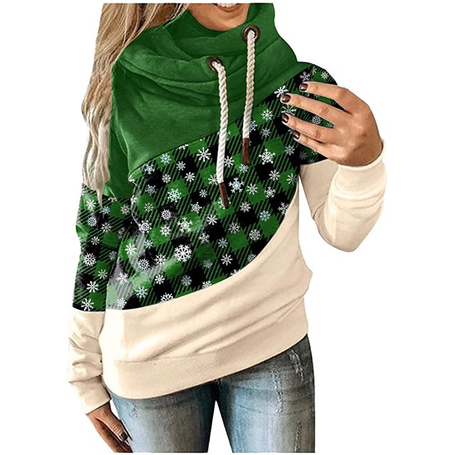 Pompotops Chandails en Molleton à Capuche pour Femmes, Col Bénitier, Manches Longues, Imprimé de Noël, avec Cordon de Serrage