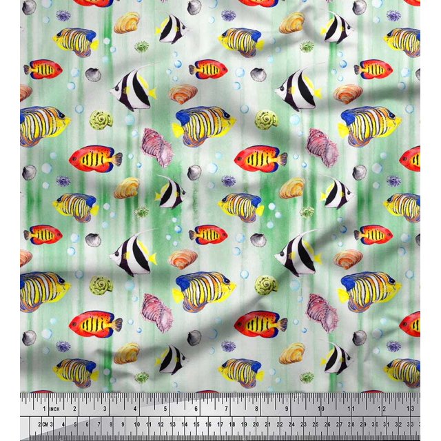 Soimoi Tissu Crêpe Polyester Poissons & Coquillages Imprimé Océan Tissu au Mètre 42 Pouces de Large