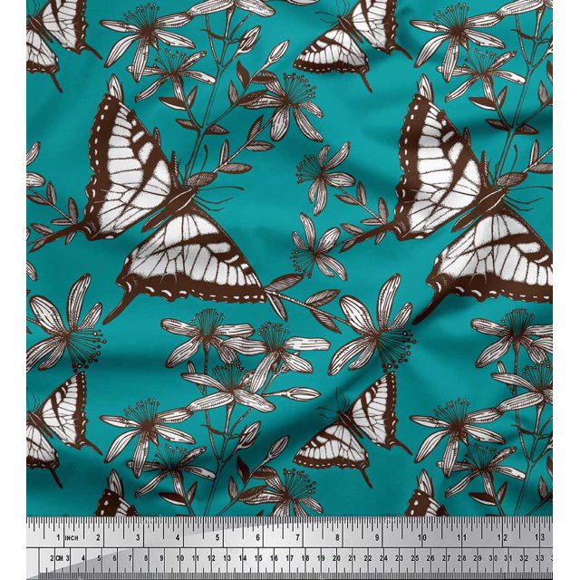Soimoi Green polyester Crepe Fabric Flower & Butterfly Print Fabric by Yard 42 Inch Wide