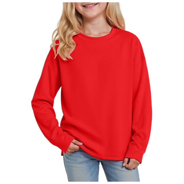 Splozh Toddler Girls Solid Color T Shirt Girls Long Sleeved Tops Comfortable Soft Breathable Fashionable Solid Color Girls Tops Red,9-10 Years