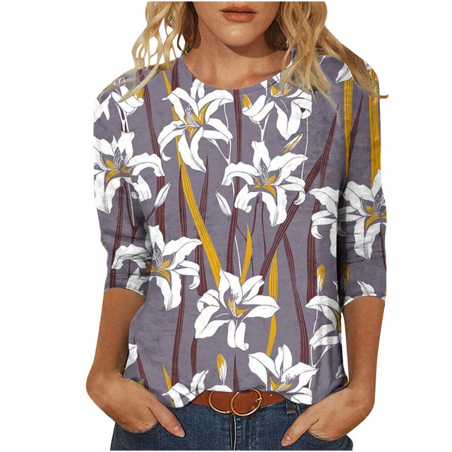 Pompotops T-shirt Ample Imprimé pour Femme Blouse à Manches 3/4 Col Rond Hauts Décontractés Liquidation