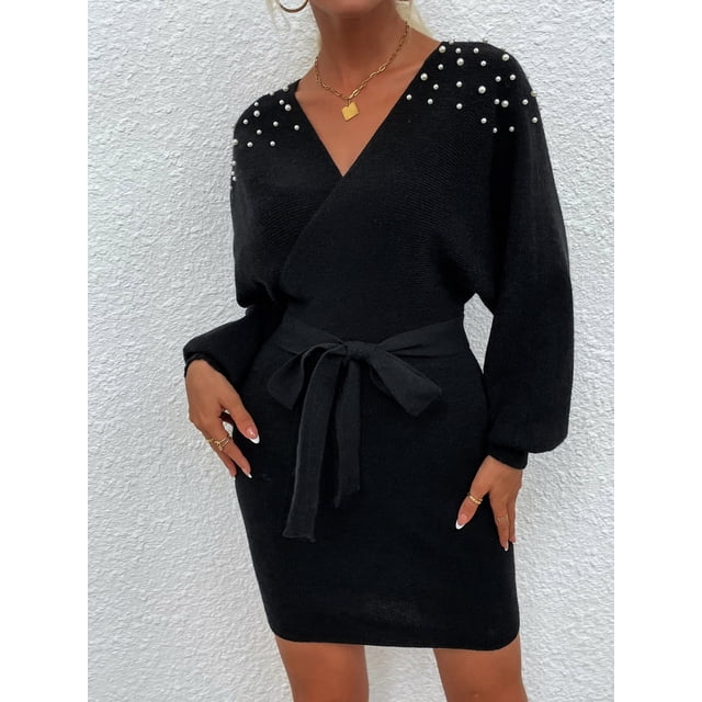 Pisexur Robe à Manches Longues à Col en V Robe à Manches Longues à Col en V pour Femme Robe Unie en Tricot Robe à Manches Longues à Col en V Robe pour Femme