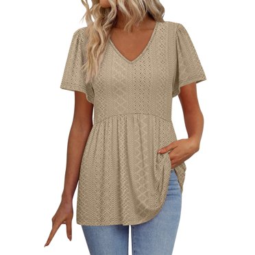 Kaemgyyd Hauts d'Été pour Femmes Col en V à Volants Manches Courtes Chemises Fluides Mode Décontractée Tunique Plissée Ajourée Blouses