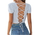 thumbnail image 4 of Square Neck Crop Tops for Women Short Sleeve Crochet Knit Going out Tops Basic Slim Cropped T Shirts, 4 of 4