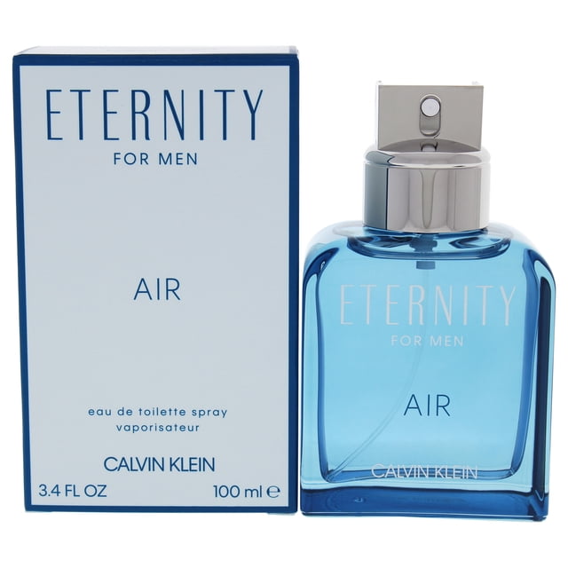 Eternity Air by Calvin Klein for Men - 3.4 oz EDT Spray. A 100 ml blue glass bottle with a silver spray cap, displayed alongside its matching box. The fragrance features aromatic fougere notes, including mandarin orange, juniper berries, sea notes, lavender, green apple, violet leaf, seaweed, patchouli, and ambergris.