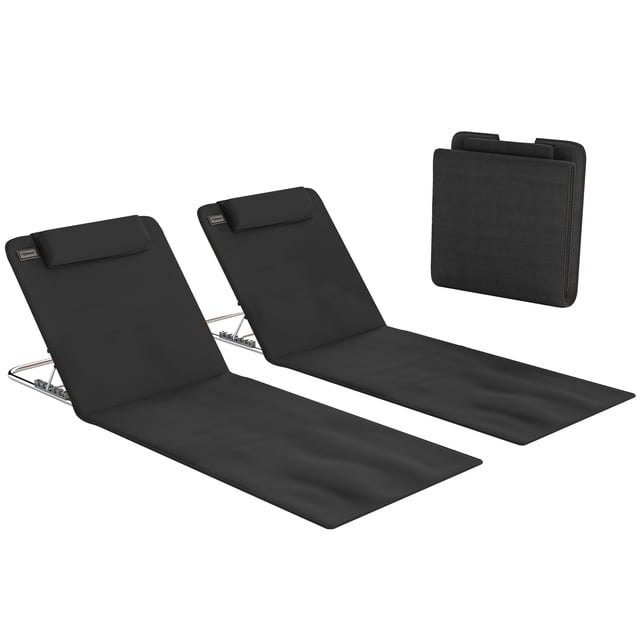 Outsunny 2 Pcs Folding Beach Lounge Chair w/ Pillow, Black