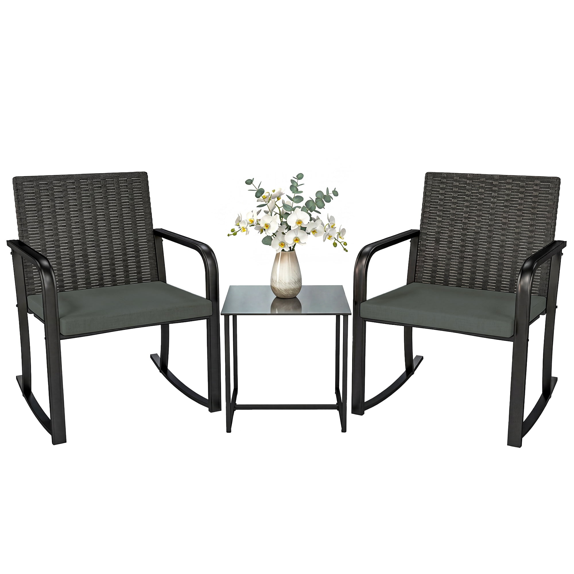 Outsunny 3 Pieces Wicker Patio Furniture Rocking Bistro Set with Cushions