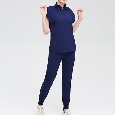 TIMIFIS Navy Scrub Set for Women Solid Color Short Sleeve Medicals Uniform Women V-neck Button Top and Drawstring Pants Protective Work Suit with Pockets - Spring/Summer