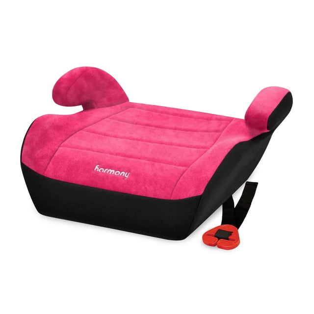 Harmony Youth Booster Backless Booster Car Seat in pink and black with plush padded seat and armrests, embroidered Harmony logo, red belt positioning guide, and energy-absorbing foam for safety and comfort.