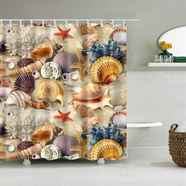 Shower Curtain Beach Shell Collection Seashell Seastar Seanail Coral Sand Bathroom Decor Accessories Bath Curtain With Hooks