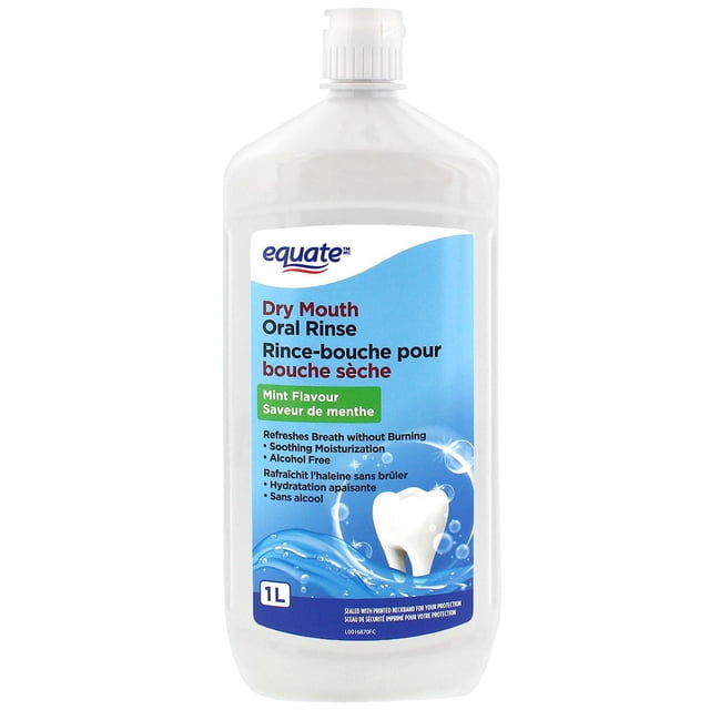 Equate Dry Mouth Oral Rinse Mint Flavour in a 1L translucent white plastic bottle with a white flip-top cap, featuring a blue bilingual label that highlights its alcohol-free formula, soothing moisturization, and breath freshening without burning, with a white tooth and water bubble graphic, ideal for relieving dry mouth discomfort.
