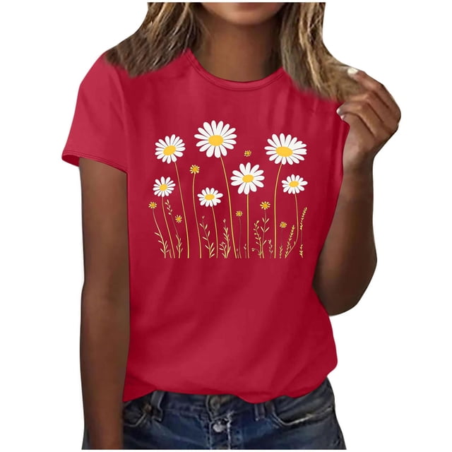 Pisexur Hauts pour Femmes Design Imprimé Marguerite Hauts Mignons pour Femmes Hauts d'Été Décontractés Manches Courtes, Hauts de Printemps pour Femmes & Hauts d'Entraînement pour Femmes