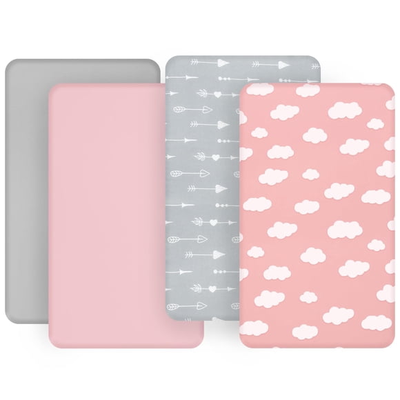 Drap-housse de Moïse (33 Pouces x 20 Pouces), Lot de 4 pour la Plupart des Couchettes de Chevet, Draps-Housses de Moïse, Microfibre Respirante et Douce, Gris/rose