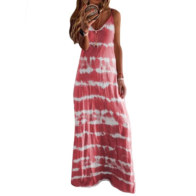 Daeful Robes Maxi Teinture sur Nœuds Longue Robe Sans Manches Robe d'Été Kaftan Ample Col en V Rouge Vin TTG
