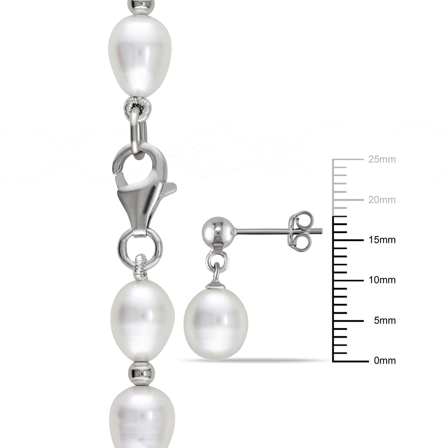 Ensemble boucles d'oreilles et collier Miabella avec perles d'eau douce cultivées blanches en forme de grain de riz de 8 à 8,5 mm façonné en argent sterling