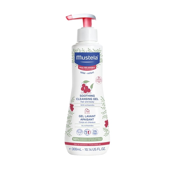 Mustela Gel Nettoyant Apaisant pour Bébé - Gel Douche et Cheveux Sans Parfum pour Peau Très Sensible - avec Avocat Naturel, Perséose et Baie de Schizandra - 10,14 fl oz