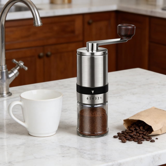 cpengpj Stainless Steel Hand Coffee Grinder, Portable Manual Burr Mill with Ceramic Core and Adjustable Grind