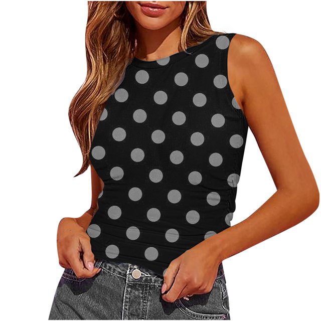 Plebaso Débardeurs d'Été pour Femmes Slim Imprimé Sans Manches Col Rond Tee-Shirts Froncés Blouses Décontractées pour Femmes