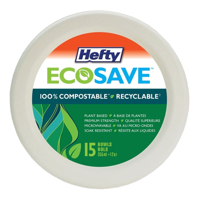 Hefty EcoSave® Bols Assiettes en Papier Assiettes Jetables Compostables, Lot de 15 Bols de 12oz (355ml) Faits de Matériaux d'Origine Végétale Renouvelables, 100 % Compostables et Recyclables, Résistance Supérieure, Va au Micro-Ondes et Résistant au Trempage. Convient aux Soupes, aux Salades et aux Céréales.