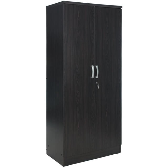 Pemberly Row Two Doors Modern Wood Armoire Wardrobe Cabinet in Tobacco. This tall, rectangular wardrobe is crafted from premium laminated engineered wood with a tobacco finish. It features two lockable doors with silver plastic bar pulls, one fixed shelf, three removable shelves, and a heavy-duty crossbar garment rod for hanging clothes. The cabinet is equipped with European-style adjustable metal hinges and is stain, heat, and scratch-resistant. Dimensions are 72 inches high, 31 inches wide, and 20 inches deep. Assembly required.