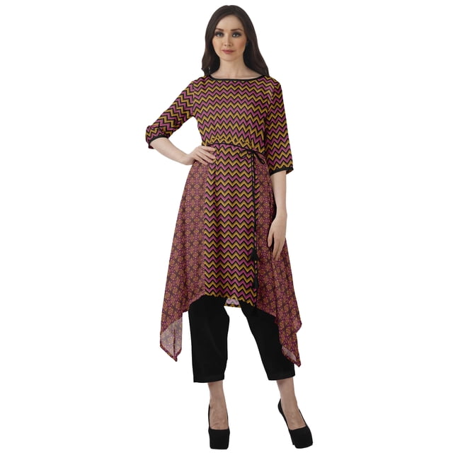 Moomaya Asymmetric Kurti With Pant Indian Tunic Tops Printed Kurti Set For Women