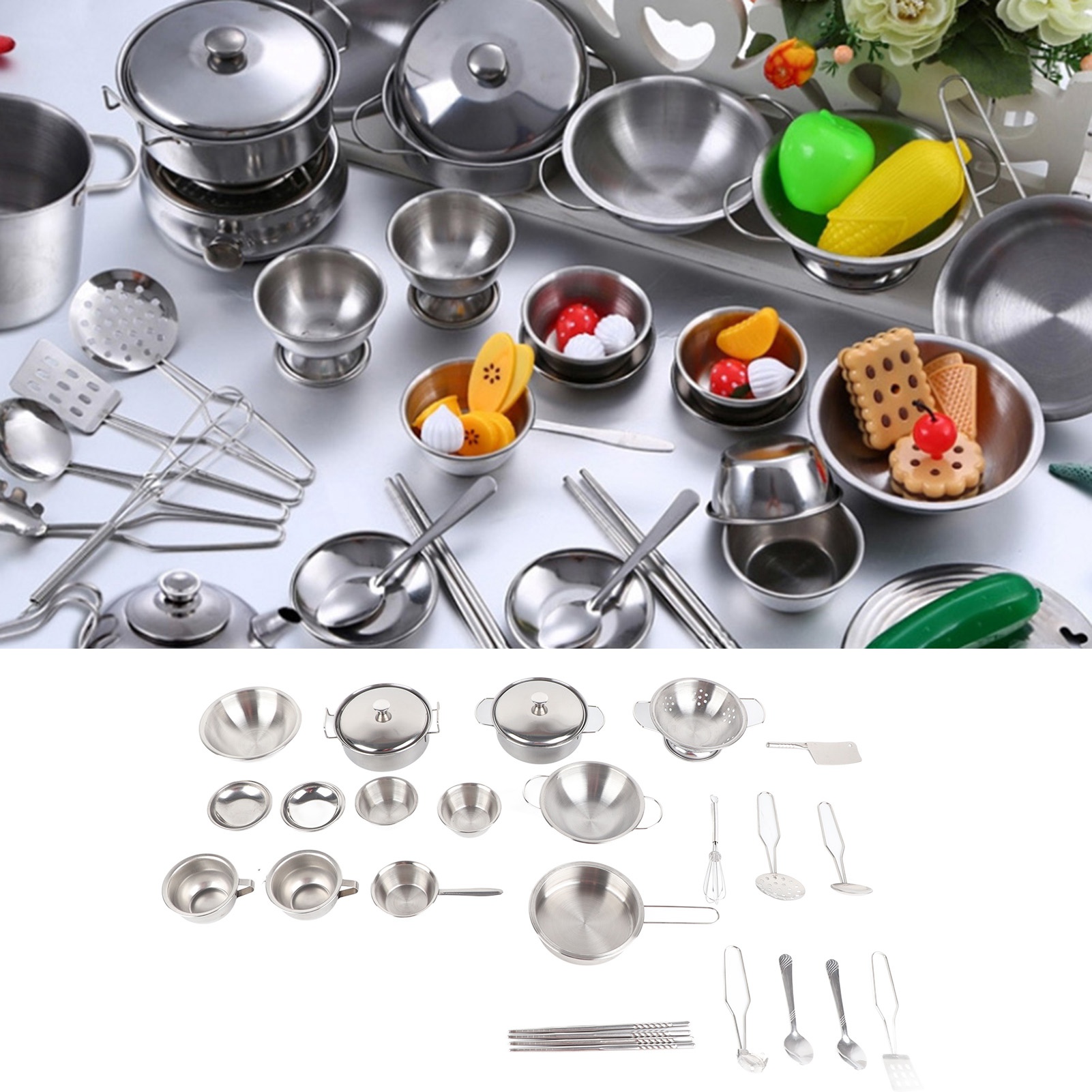 Children Kitchen Cookware Utensils Set Safe Stainless Steel Practical Toys Gift Boys Girls