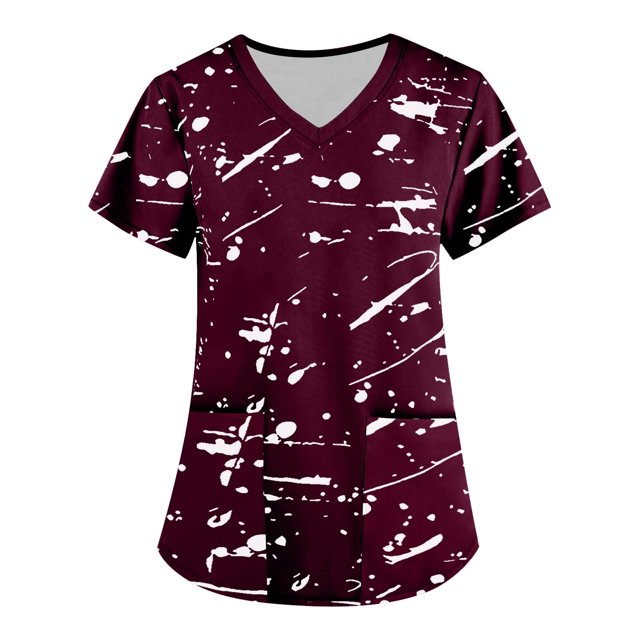 LSLJS Blouse à Manches Courtes à Col en V pour Femmes, Mode, Uniforme de Travail, Imprimé, avec Poche, Blouse, Hauts; Sarraus pour Femmes Grande Taille