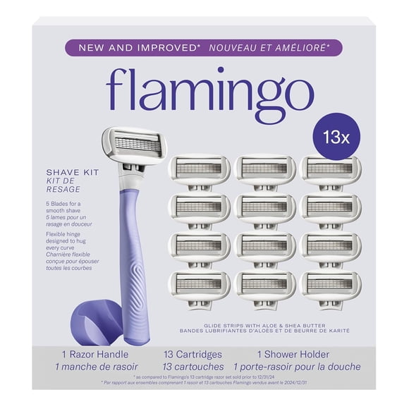 Flamingo Razors for Women, 1 Women's Razor Handle (Lilac), 13 Razor Five-Blade Refills, and 1 Shower Holder