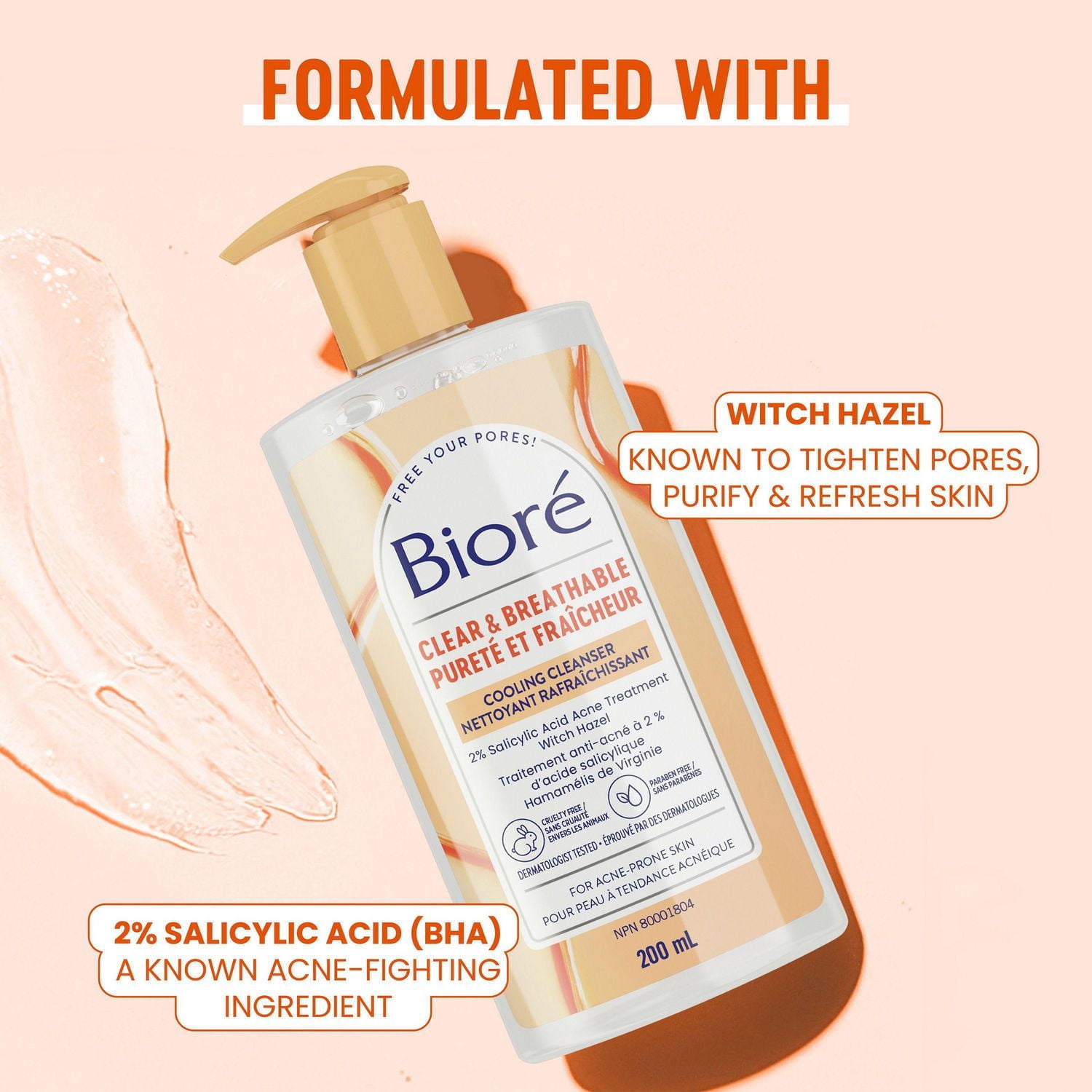 Bioré Pore Clarifying Cooling Cleanser with Witch Hazel, Salicylic Acid Face Wash for Acne Prone Skin, 200mL (Made in Canada)